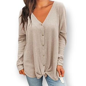 MIHOLL WAFFLE KNIT LAVENDER/BEIGE LONG SLEEVE BUTTON DOWN BLOUSE SZ.M EUC